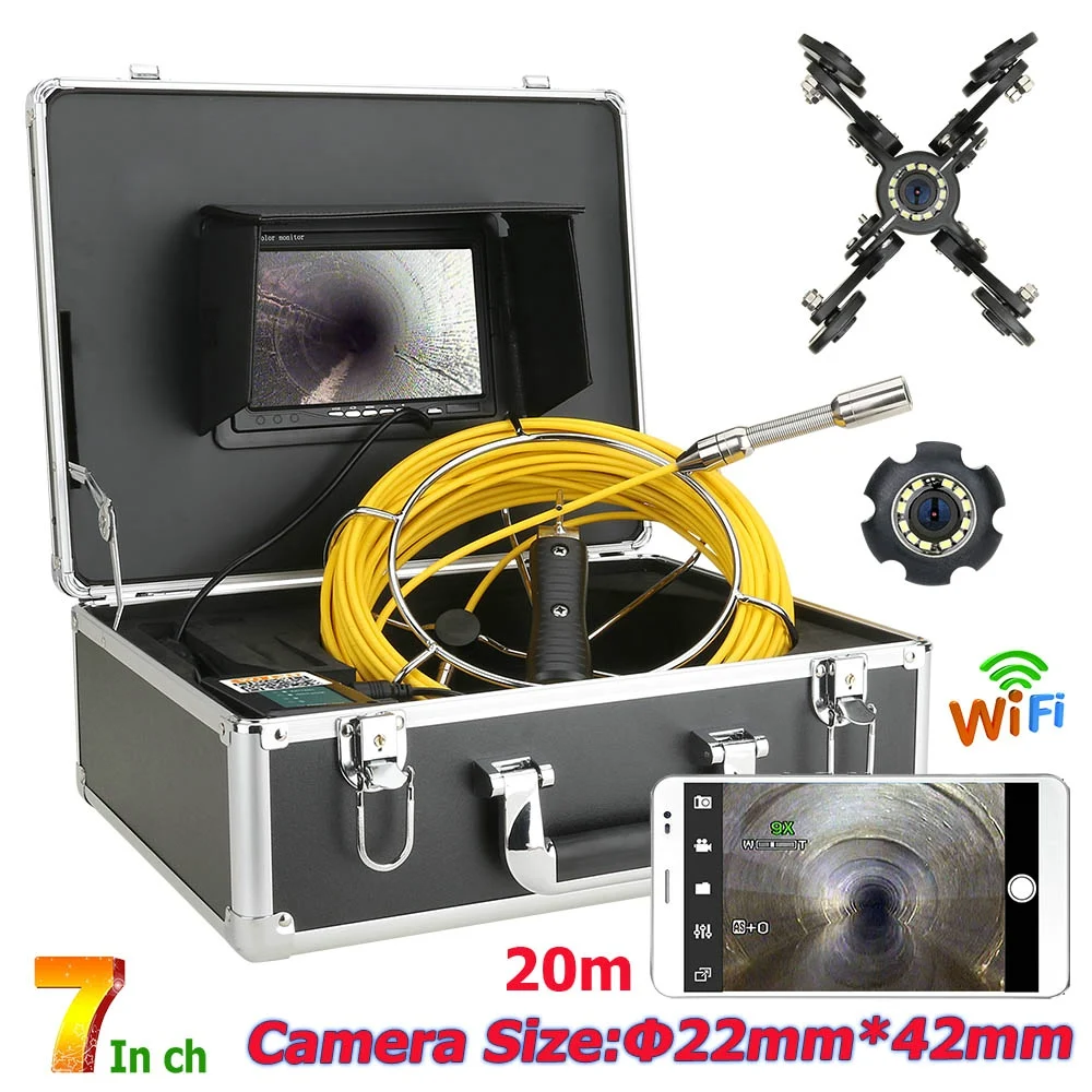7&quot Monitor 20M Pipe Inspection Video Camera WiFi Wireless DVR IP68 HD 1000TVL Sewer Pipeline Endoscope System with 12PCS LED | Спорт и