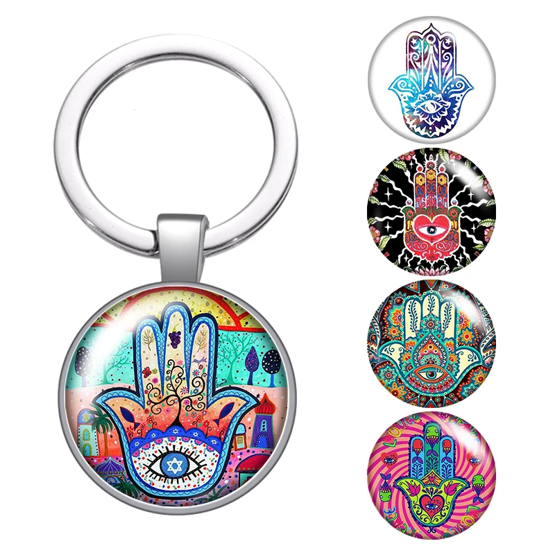 Evil eye Hand patterns glass cabochon keychain Bag Car key Rings Holder Charms silver plated chains Men Women Gifts | Украшения и