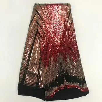 

Wine Red Gold Lace Fabric 2019 High Quality African Evening Dress Fabrics New Nigeria Sequined Embroidered Mesh Net Lace Fabric