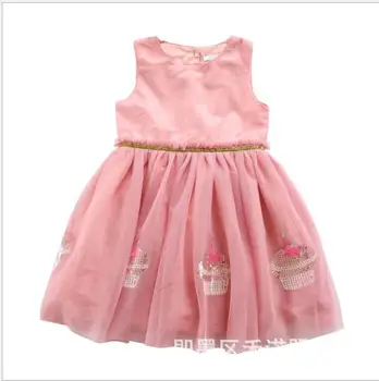 

Summer Pink Cake Sequin Girl Tulle Party Sundress Baby Girls Back Button Mesh Princess Dress Children Clothing