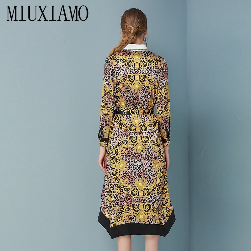 MIUXIMAO, высокое качество, осень и весна, платье с цветочным принтом, неравномерное, офисное, женское, элегантное, Повседневное платье, женское платье с поясом