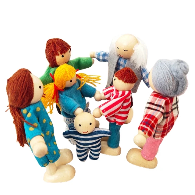 7Pcs/Set Cartoon Miniature Family Wooden Movable Jointed Doll Parent-child Toys Children Kids Gift Muppet Pretend Toys 4