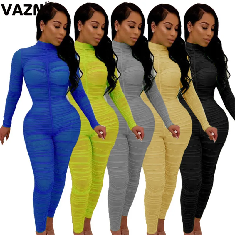 VAZN OMSJ01 Новые прозрачные сексуальные шифоновые однотонные Комбинезоны Платье-водолазка с длинными рукавами Высокая талия женские узкие длинные Комбинезоны