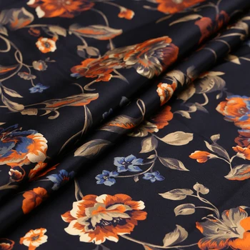 

Golden Peony Printing Black Stretch Satin Real Natural Fabric Silk