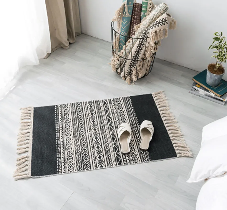Morocco Cotton And Linen Tassel Woven Carpet Bedroom Floor Door Mat Area Rug For Living Room Tapete Para Sala Decoration Home