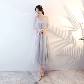 

Women Cheongsam Elegant Off Shoulder Evening Party Dress Half Sleeve Grey Qipao Lace Up Sexy Mesh A-line Vestidos