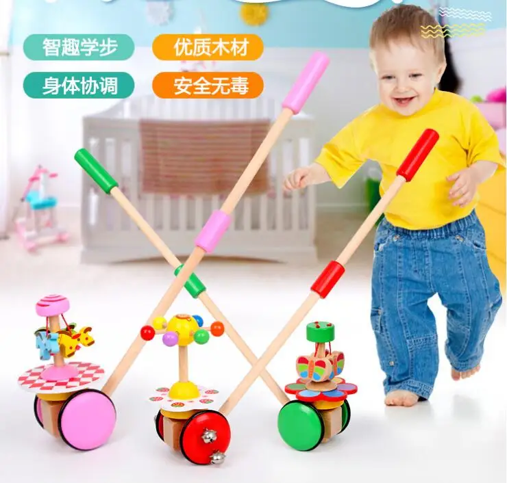 Wooden Walker Push Rod Toy Cartoon Rotating Roll Cart Learning Walk Guide Wood First Step Car Toddler Trolley Baby Birthday Gift
