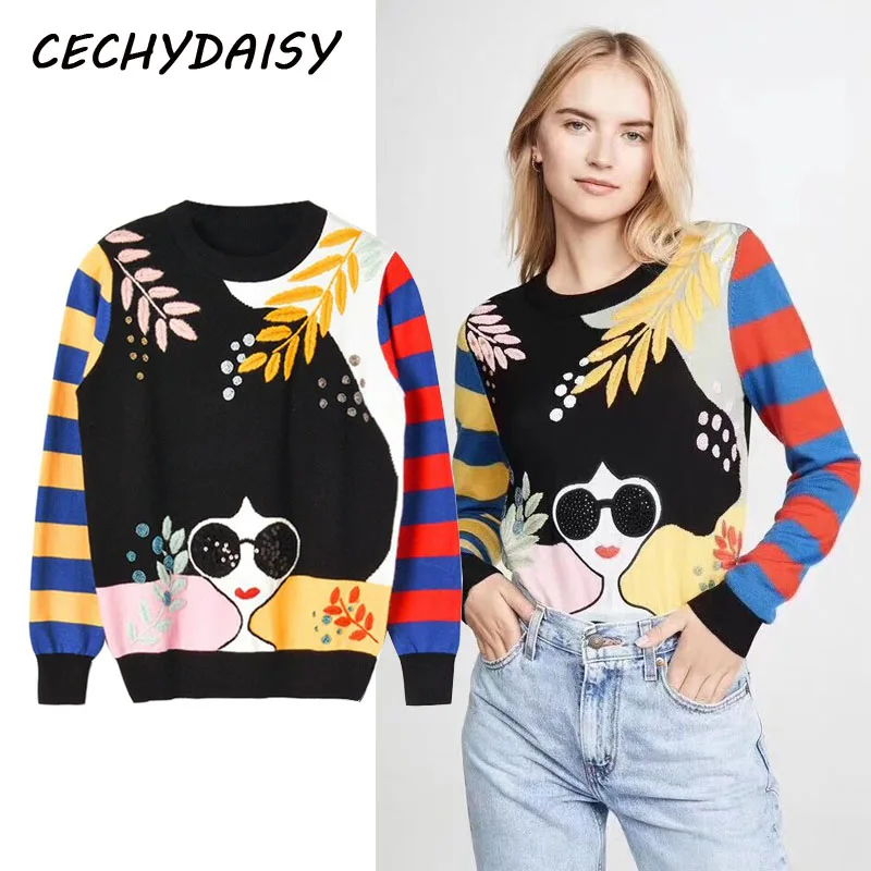 Женский свитер с рисунком из мультфильма, зима, ВЯЗАННЫЙ ПУЛОВЕР для девушек, теплый повседневный джемпер с вышивкой, одежда с пайетками, топ, Модный пуловер для женщин