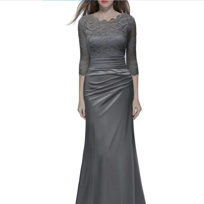 Robe ceremonie femme, черное, фиолетовое, торжественное платье, женское, элегантное, 3/4 рукав, кружево, пэчворк, сатин, длина до пола, платье для девушек, платья - Цвет: Серый
