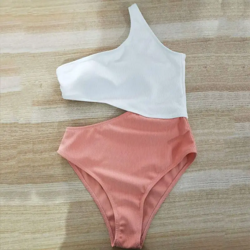 Pink Женский сексуальный цельный бикини, Монокини Без Рукавов на одно плечо, косой вырез, с вырезами на талии, купальник - Цвет: Pink