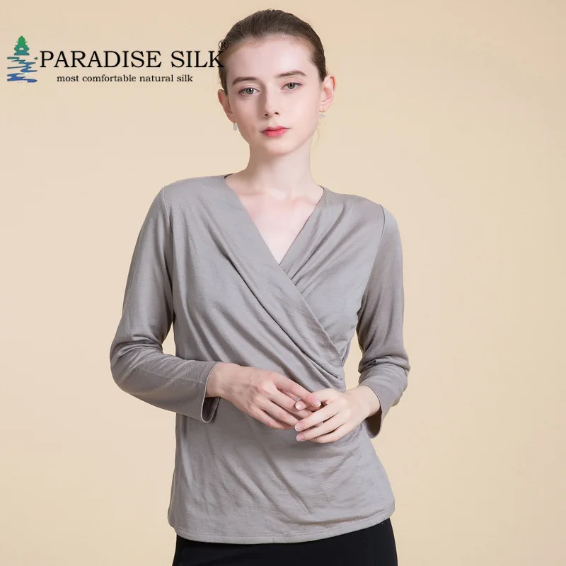 Women's Long Sleeve Top 100% Fine Wool Overlapping