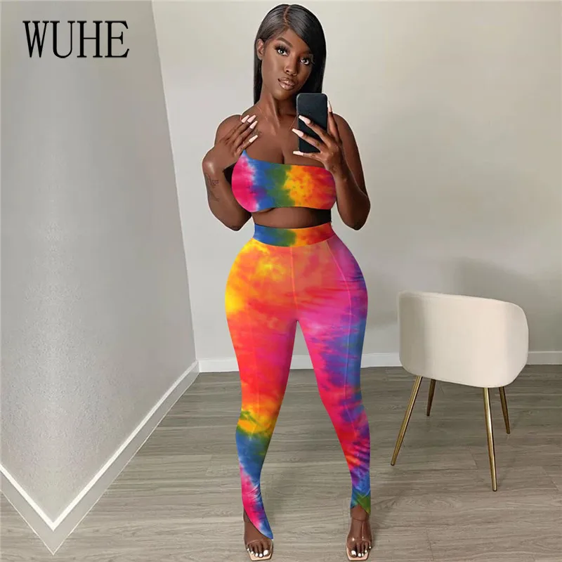 

WUHE Tie Dye Print Strapless Jogger Sweatpants Suit Two Piece Sport Matching Set Women Summer Sexy Hollow Out Club Party Outfit