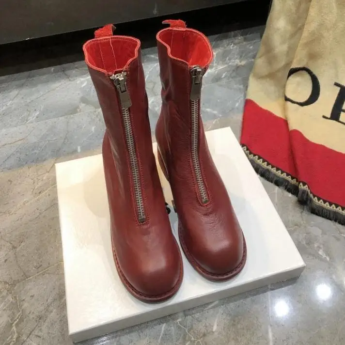 Ботинки в стиле ретро; женская повседневная обувь на молнии; Botas Mujer; Bota Feminina; кожаная обувь; женская обувь до середины икры; Botines Mujer; коллекция года; модная обувь; zapatos De Mujer