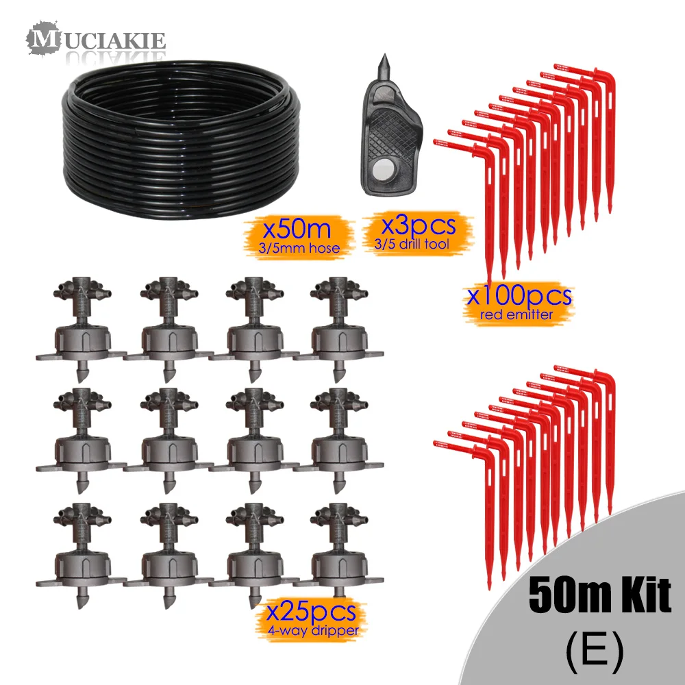 MUCIAKIE 100M 4LPH 4-Way Branch Micro Water Drop Dripper System Kits 1/8'' PVC Hose Watering Red Arrow Dripper Balcony Garden - Цвет: 50m 3l5 kit