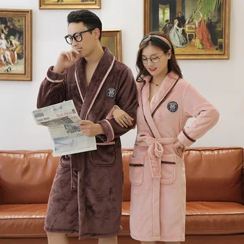 

Winter New Couple Kimono Robe Gown Flannel Thicken Warm Lounge Bathrobe Long Sleeve Loose Sleepwear With Pocket Nightdress