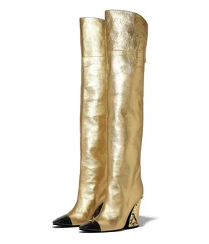 

2019 New Fashion Embossing Plaid Runway Boots Women Knee High Boots Pointed Toe Strange High Heel Ladies Chelsea Boots