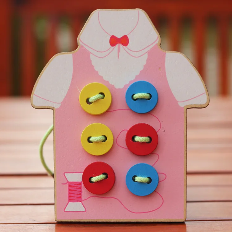 

Wooden Children'S Educational Handmade Toy Wear Series Sew on a Button Game Hand-Eye Coordination Fine 0.05