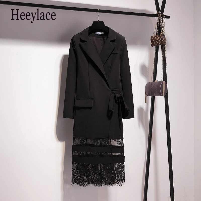 Best Women Black Long Sleeve Lace Patchwork Suits Coats Chic Bow autumn Long Coats Modern Highstreet Fas
