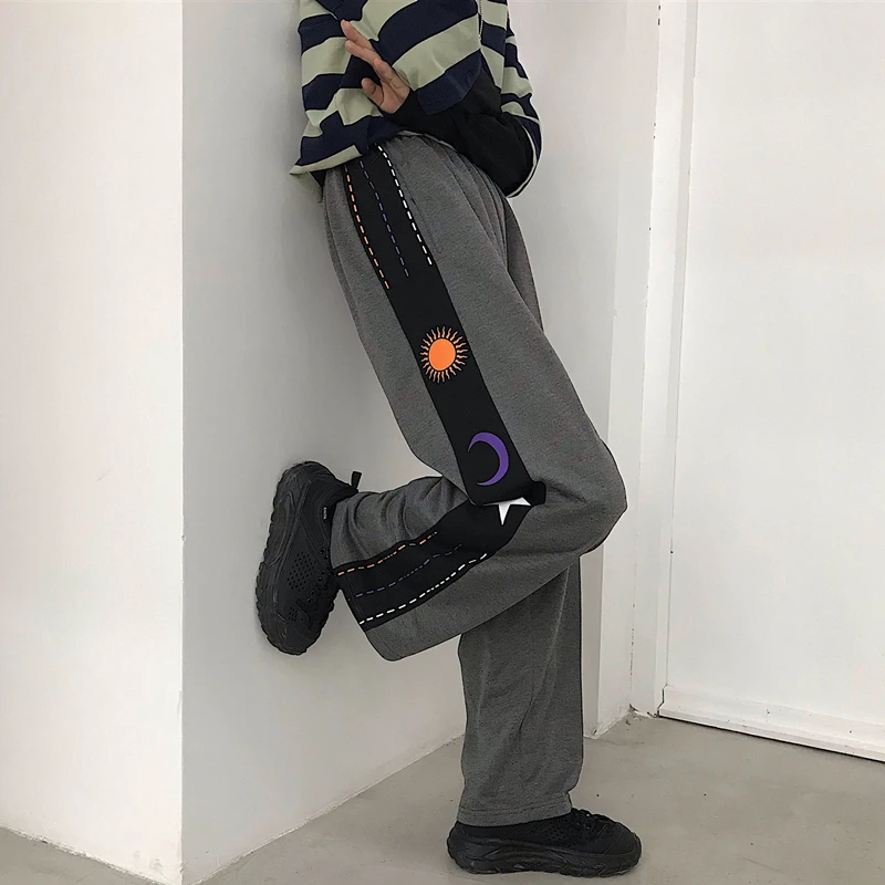 Harajuku граффити Графический контрастный принт эластичный высокая талия уличная свободные прямые брюки корейский модный спортивный костюм для женщин Забавный