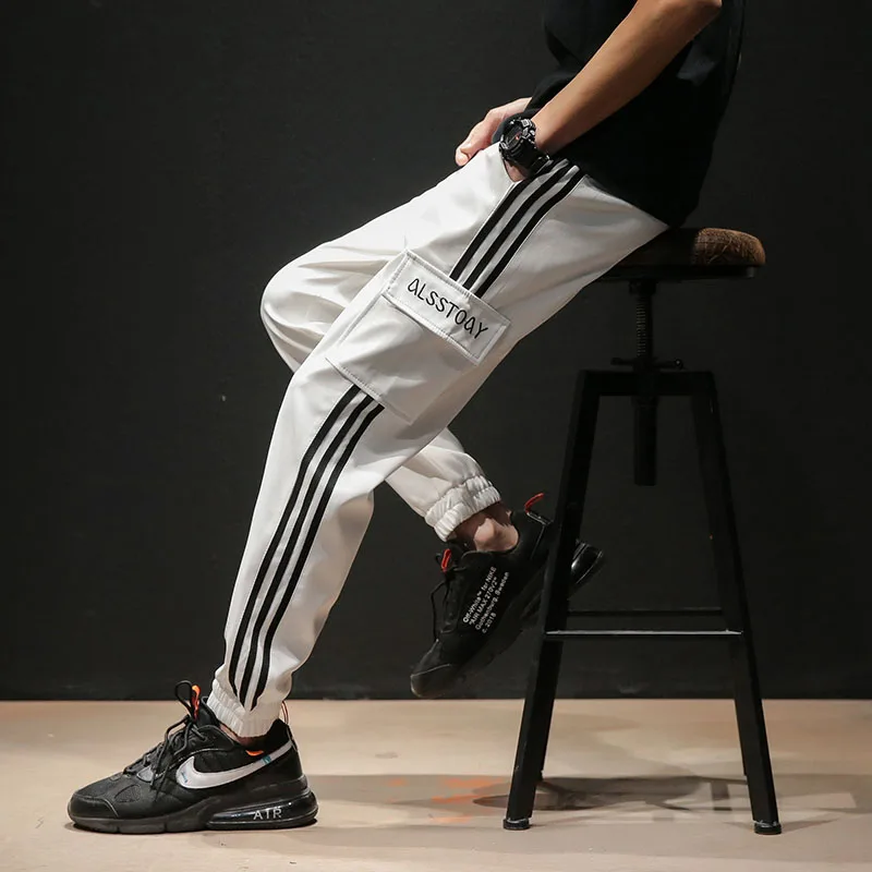 White Stripe Patchwork Ninth pants Fashion Retro Classic Cargo Pant Men Straight Haren trouser Loose Leisure stitch wash Pants