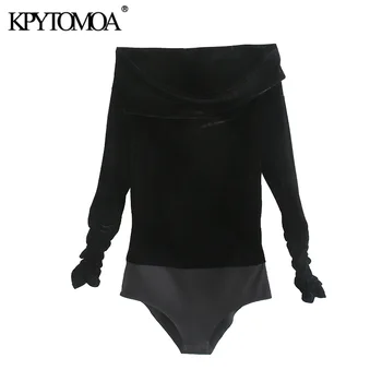 

Vintage Sexy Off The Shoulder Velvet Bodysuits Women 2020 Fashion Straight Neck Pleated Long Sleeve Female Playsuits Chic Tops