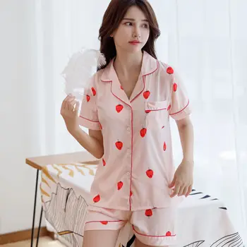 

Summer Sexy Womens Sleeping Pajama Set Strawberry Korean Women Lingeries Short Sleeve Pijama Feminino Night Suit