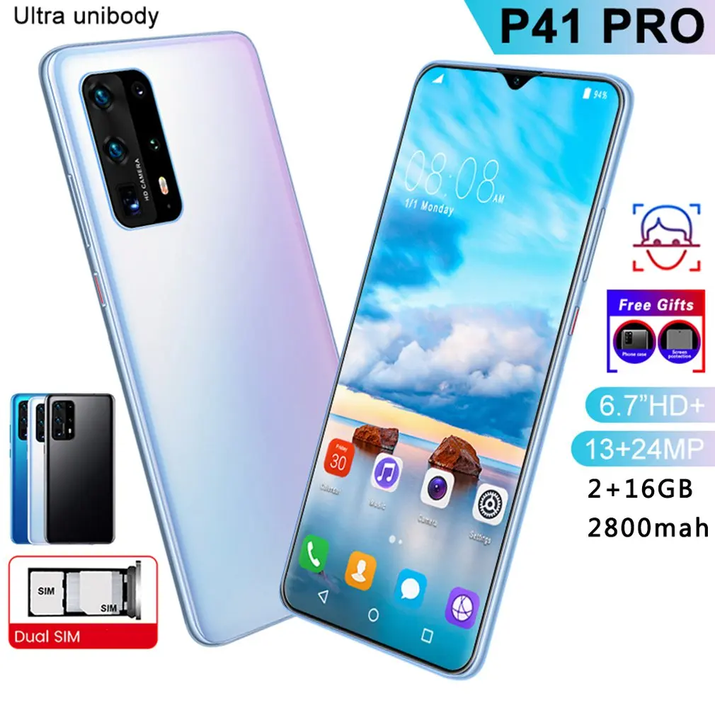 Смартфон P41pro 6 7 дюйма 2 + 16 ГБ телефон с технологией распознавания лица|Рации| |