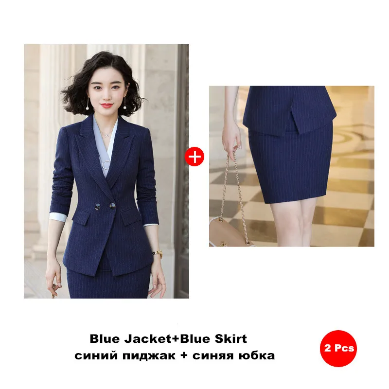 blue jacket skirt Полосатая юбка костюм профессиональный костюм офисный костюм для дам Униформа куртка с длинными рукавами юбка брюки формальная рабочая одежда 966 - Цвет: blue jacket skirt