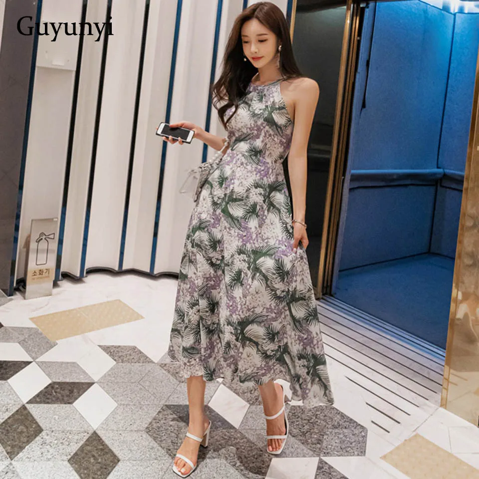 

Floral Bohemian Dress 2019 Sexy Sleeveless O-Neck Waist Bandage Comfortable Temperament Elegant Party Dress Women
