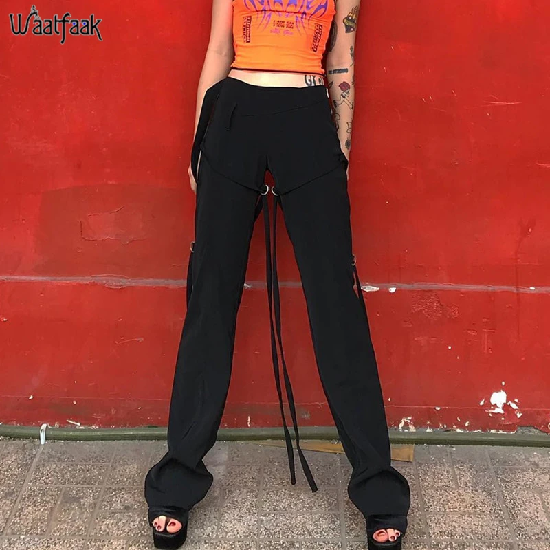 

Waataak Black Streetwear Cargo Pants Women High Waist Trouser Capris Strappy Workout Sweatpants Wide Leg Woman Zipper Up Pants