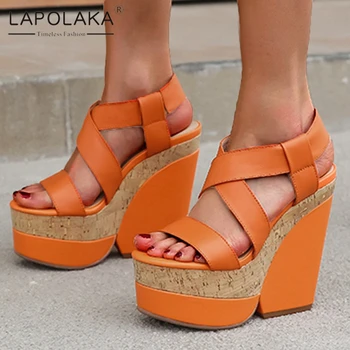 

Lapolaka Hot Sale 2020 Big Size 42 Genuine Cow Leather Summer Sandals Woman Shoes Super High Heels Platform Shoes Women