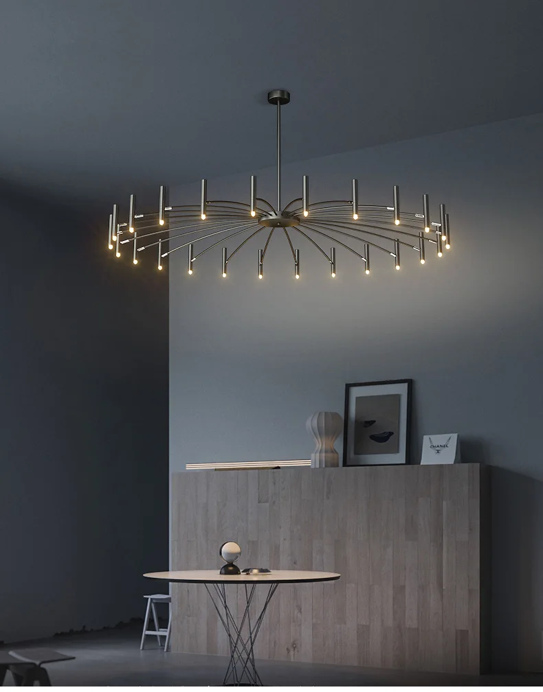 A Contemporary Candle Style Chandelier brings elegance to a room with an adjustable lighting feature, complementing the wooden table and chairs.