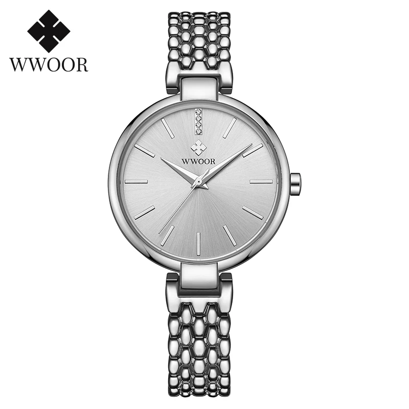 WWOOR Super Slim Silver Mesh Stainless Steel Japanese quartz ladies watch Silver Women Bracelet Watches Dress fashion Lady Watch