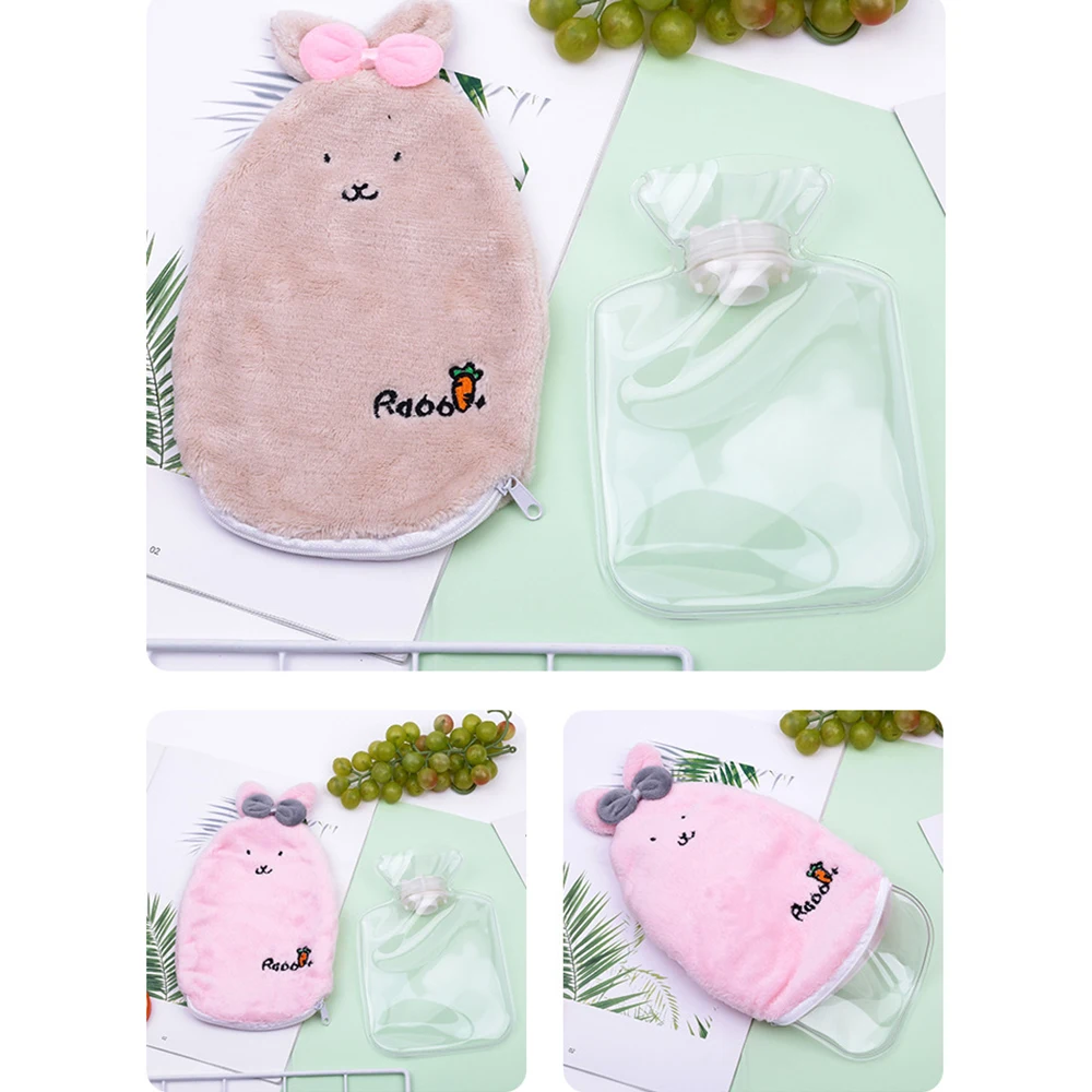 Reusable Hot Water Bottle PVC Hand Warmer Pain Relief Therapy Washable Hot Water Bag Cartoon Cute Rabbit Soft Cozy Cover Winter