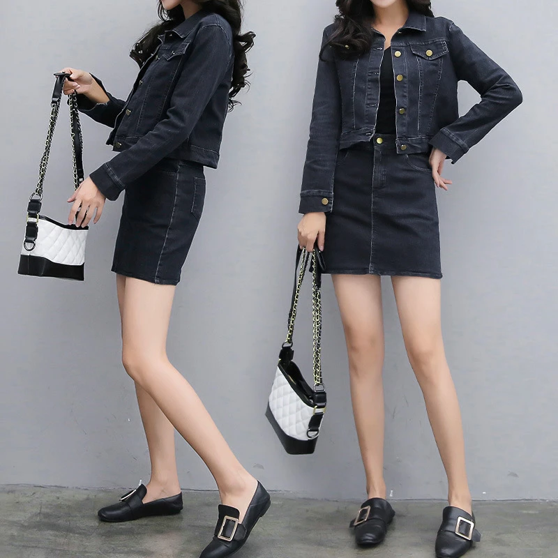 black denim jacket and skirt set