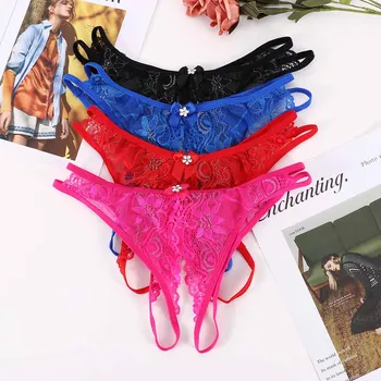 

Women Exotic Sexy Panties Open Crotch Lace Flower Underwear Crotchless Underpants Bowknot Decor Transparent Sexy Lace Lingerie