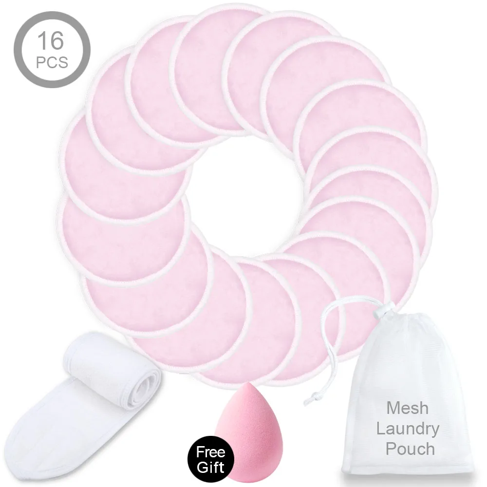 16Pink and Headband Средство для снятия макияжа моющиеся ватные диски многоразовые салфетки для лица и мытья лица/спа/ресниц Мягкая лента для волос для нанесения макияжа с сумкой для стирки - Цвет: 16Pink and Headband