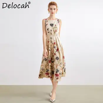

Delocah Summer Women Fashion Runway A-Line Cotton Linen Dress Sleeveless Gorgeous Embroidery Female Party Midi Dresses vestidos