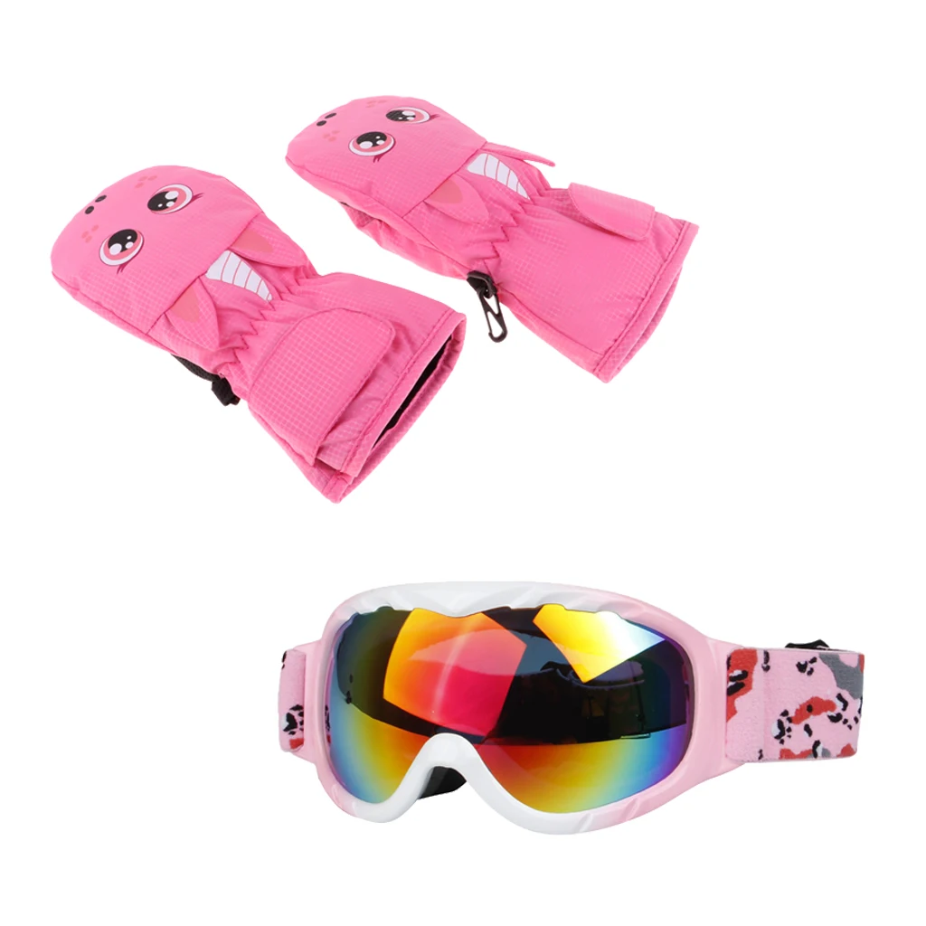 Snow Glasses Ski Goggles Anti UV Dustproof UV Protection with Winter Gloves Kids Ski Goggles Kids Ski Mittens