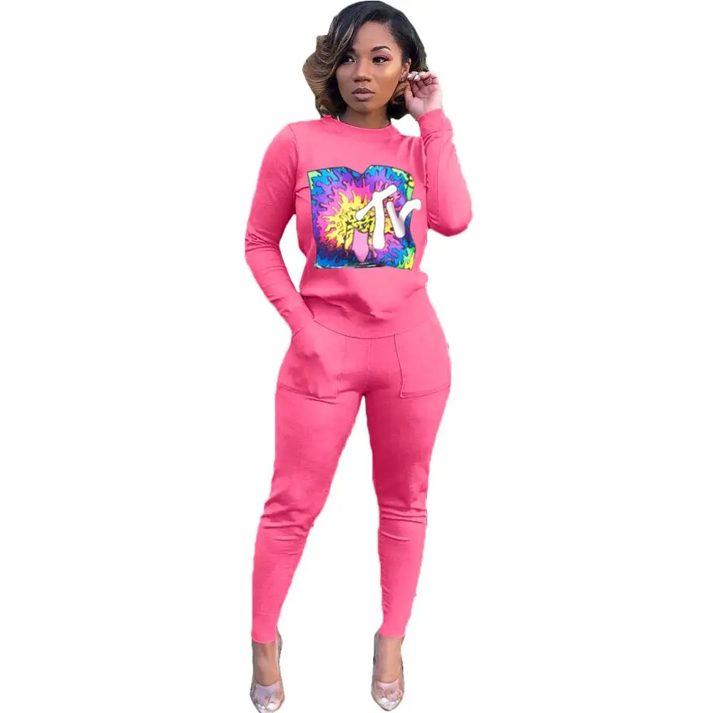 

Casual Tracksuit 2019 Autumn Winter Women Colorful Letter Print Patchwork O-Neck Sweatshirt +Long Pant Fashion Slim 2 Piece Set