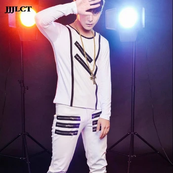 

DS men's DJ costumes men's tide (shirt + pants) partial leather singer bar nightclub stage costumes slim long-sleeved T-shirt