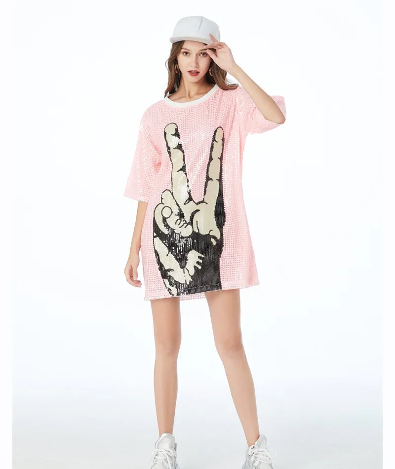 Hot-sale short sleeve pink hand design loose fit long sequin shirt for women