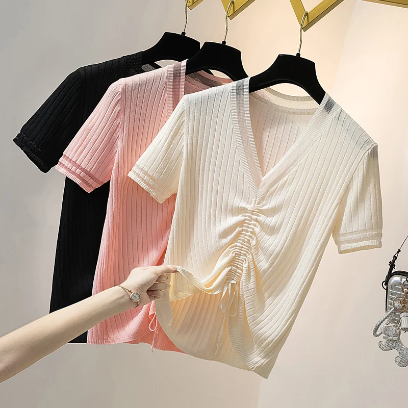 

4XL Women's Clothing V-neck Summer Thin Knitted Tops 2022 Drawstring Short Sleeve T-shirt Ice Silk Knit Sweater Slim Top aq758