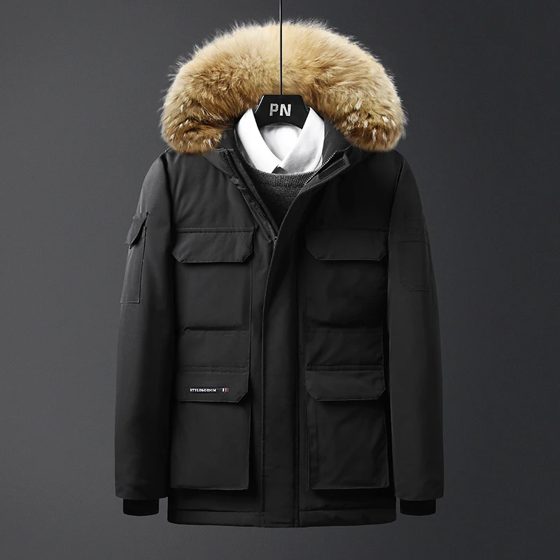 HCXY, зимняя куртка, мужские парки, Верхняя теплая Повседневная парка на молнии, мужские пальто, модная Толстая Мужская парка, куртки с меховым капюшоном, Veste Homme - Цвет: Черный