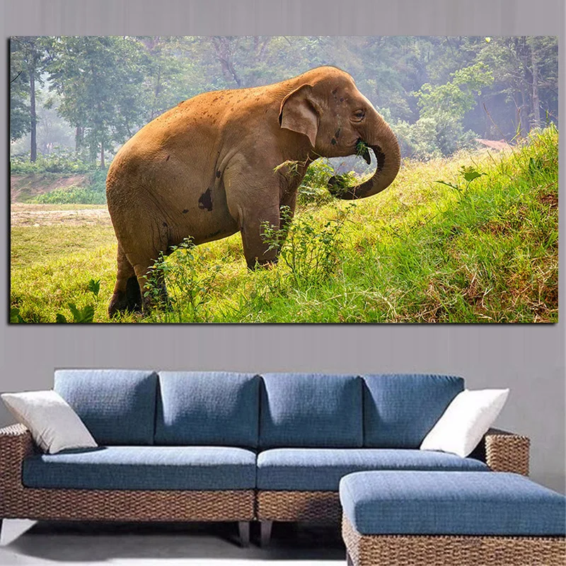 

Elephant Grazing Green Grass Trees Landscape Oil Painting on Canvas Poster and Print Abstract Art Wall Picture for Living Room