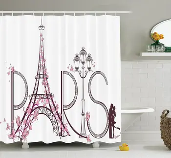 

Paris Shower Curtain Tower Eiffel with Paris Lettering Couple Trip Flowers Floral Design Print Bathroom Decor Set with Hooks 84"