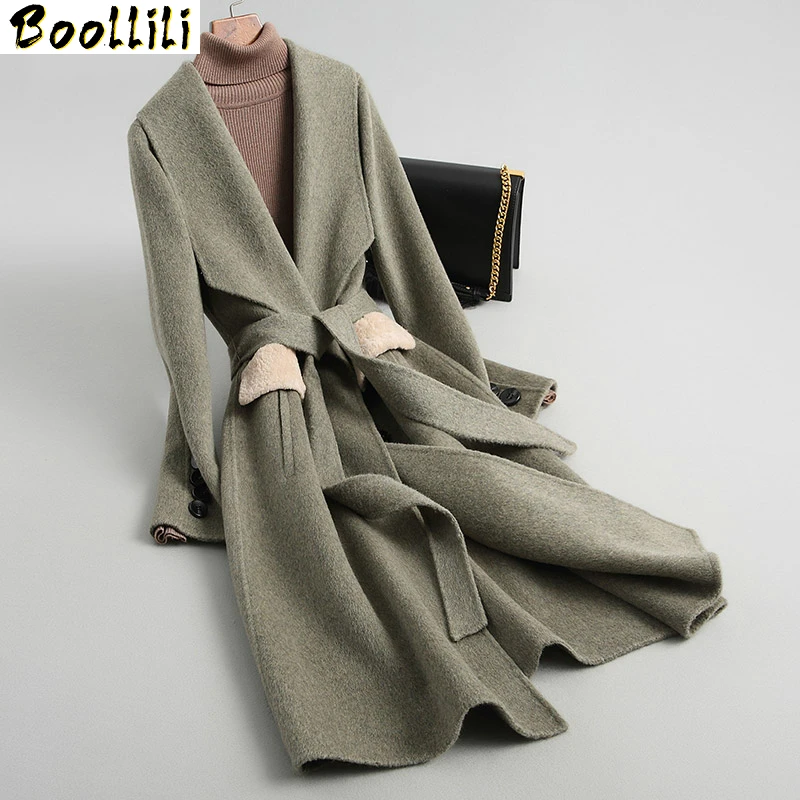 

Boollili 2020 Women Wool Coat Alpaca Cashmere Autumn Winter Female Jacket Long Double-sided Woolen Coats With Belt