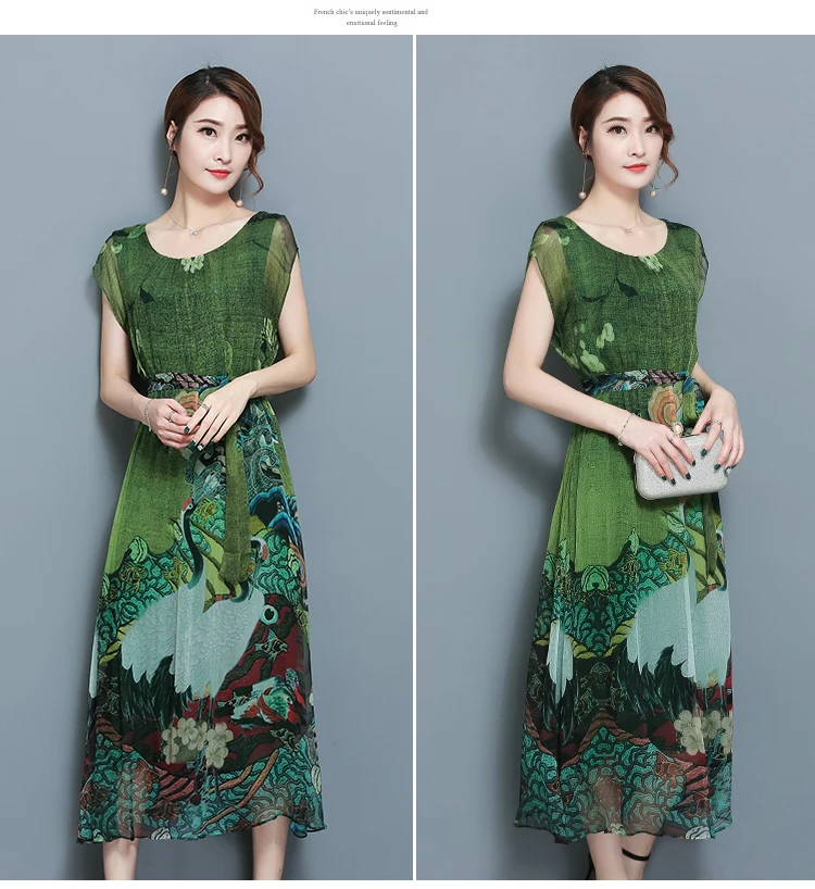 Весенне-летние зеленые Винтажные Платья с цветочным принтом женское зеленое шелковое платье с коротким рукавом до середины икры Vestidos большого размера 4XL DV336