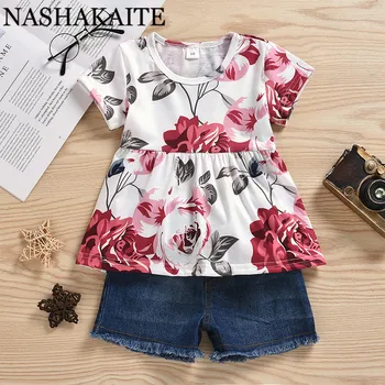 

NASHAKAITE Newborn Clothes New Summer Printed Top and Jeans Shorts Baby Girl Clothes Casual Baby Clothing Girl Outfit For 0-3Y