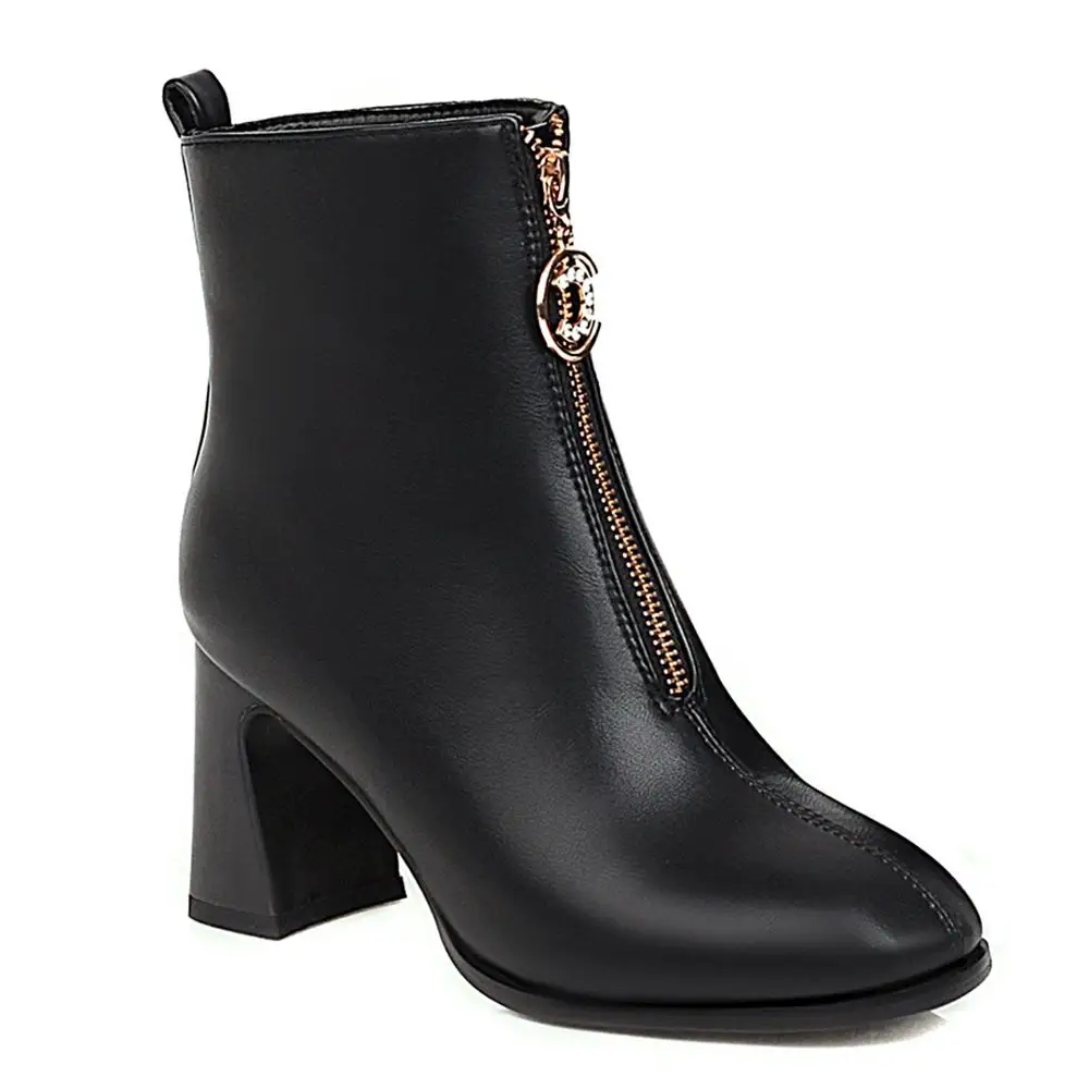 

Rhinestone Metal Decorative Zipper Wood Grain Tapered Heel Ankle Boots PU Square Toe Chunky Heel High Heels